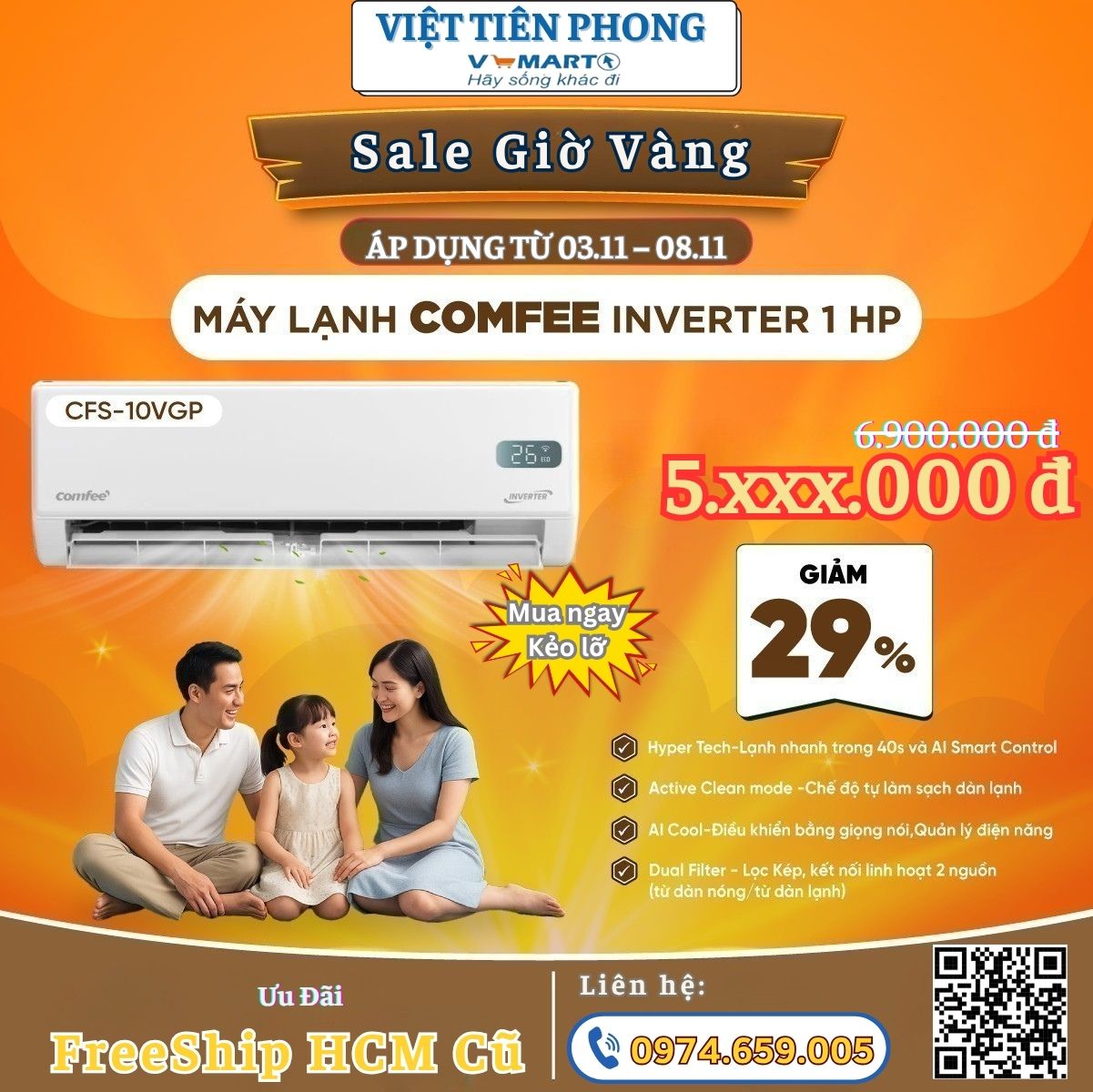 SALE GIỜ VÀNG – MÁY LẠNH COMFEE INVERTER 1HP GIẢM SỐC 29%