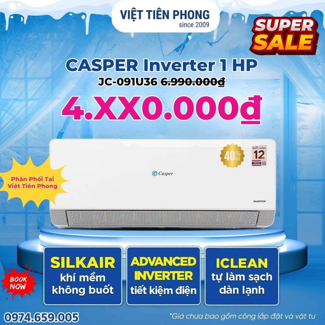 Casper Inverter 1 HP JC-09IU36 Giá Chỉ Từ 4.XX0.000đ – Tiết Kiệm Điện, Làm Lạnh Êm Ái