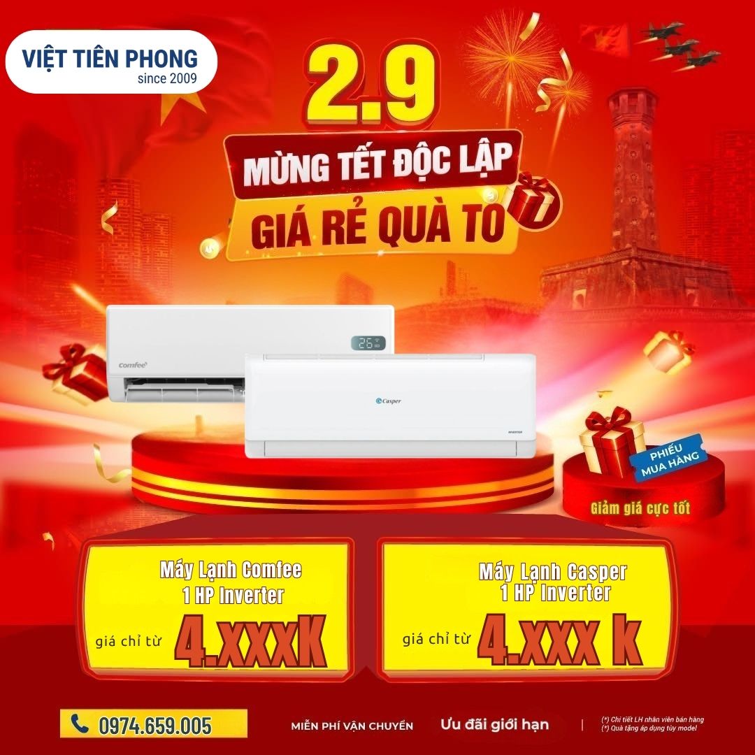 Mừng Tết Độc Lập 2/9 – Máy lạnh Comfee, Casper 1HP Inverter giá tốt tại Việt Tiên Phong
