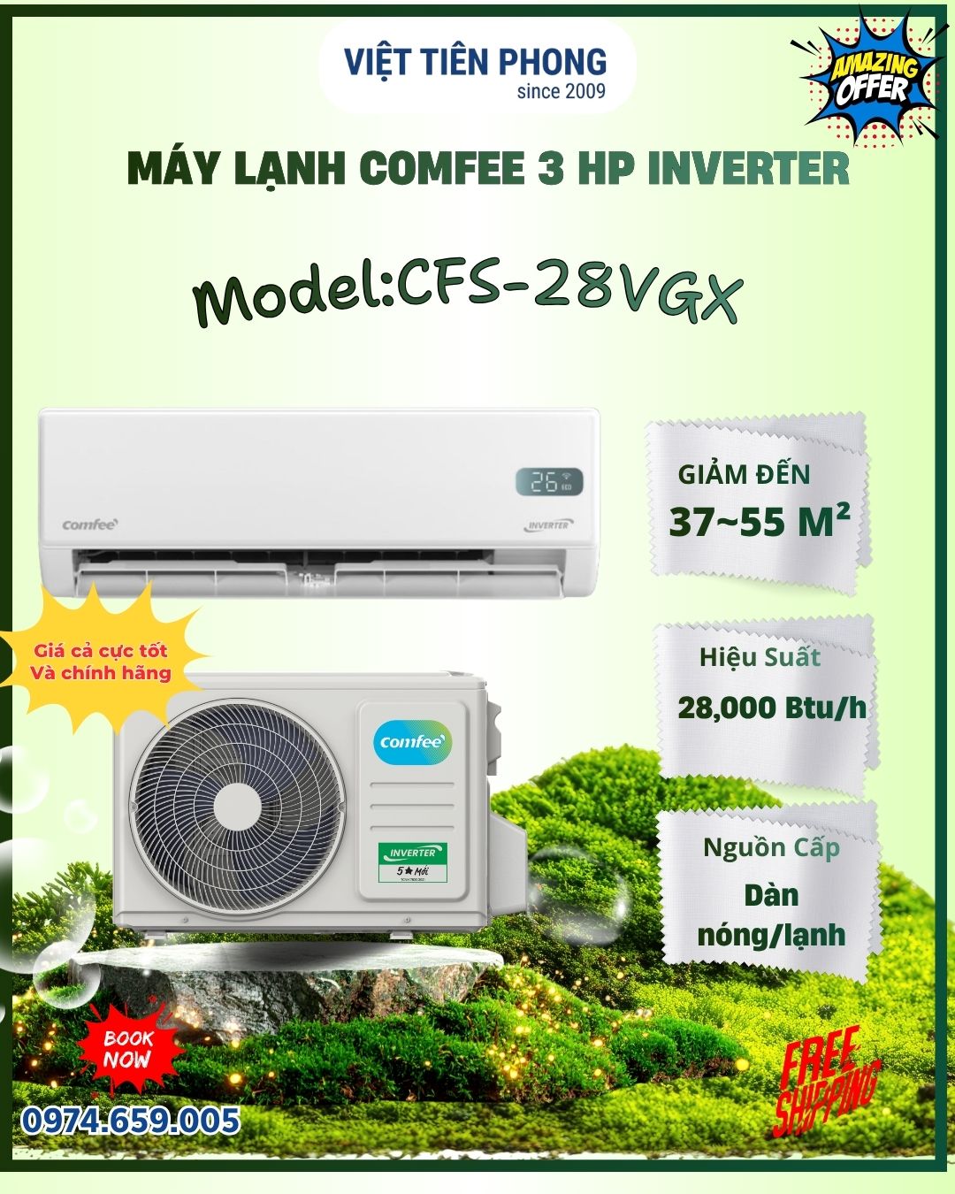 Máy lạnh Comfee 3 HP Inverter CFS-28VGX – Làm lạnh mạnh mẽ cho không gian 37–55m²