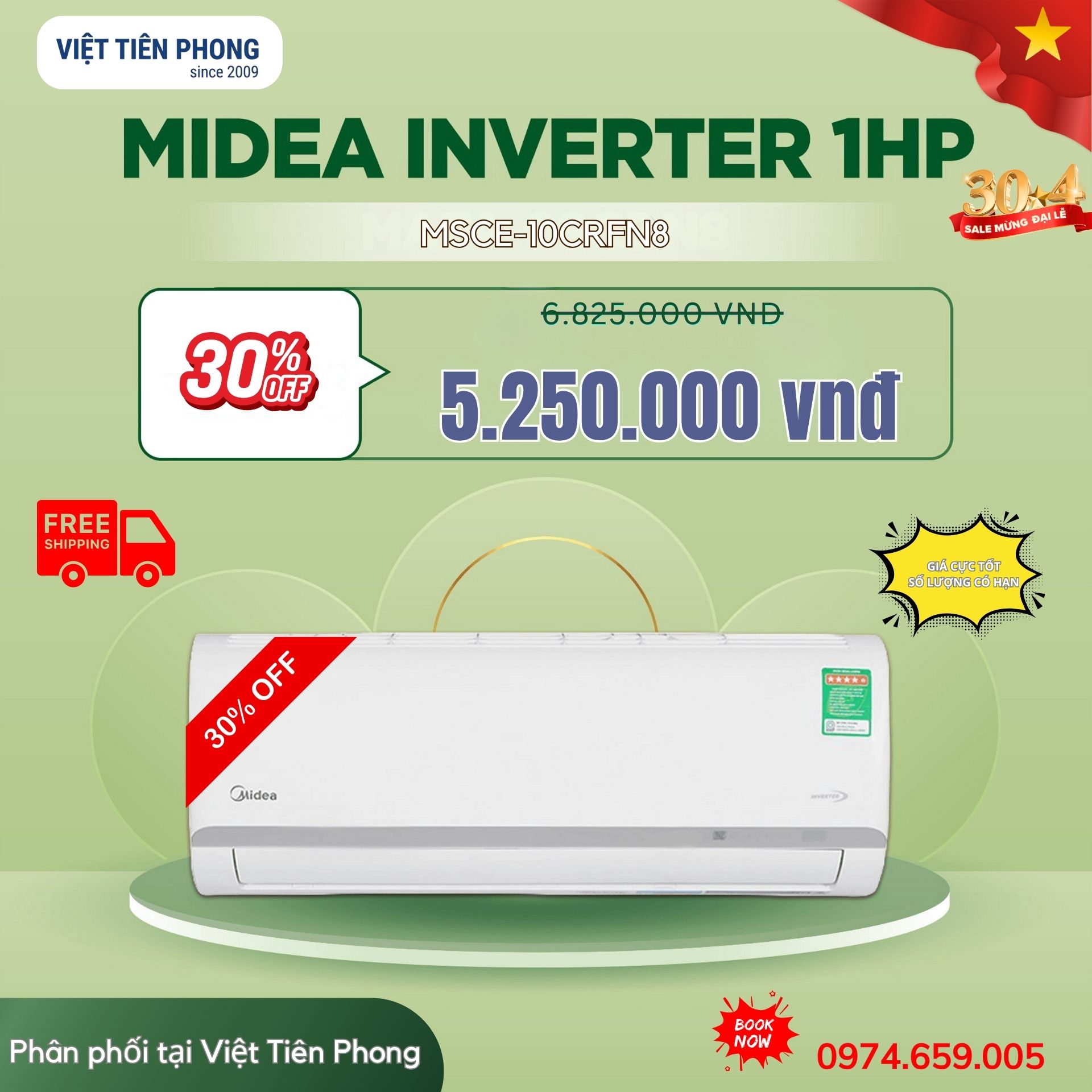Máy lạnh Midea Inverter 1HP MSCE-10CRFN8 giảm ngay 30% – Chỉ còn 5.250.000 VNĐ tại Việt Tiên Phong