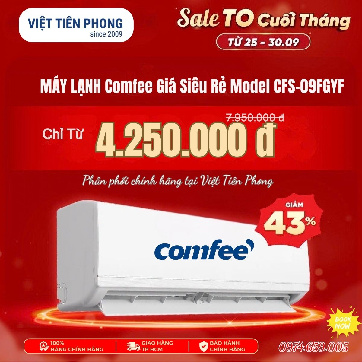 Máy lạnh Comfee CFS-09GFYF giá chỉ 4.250.000đ – Sale cuối tháng tại Việt Tiên Phong