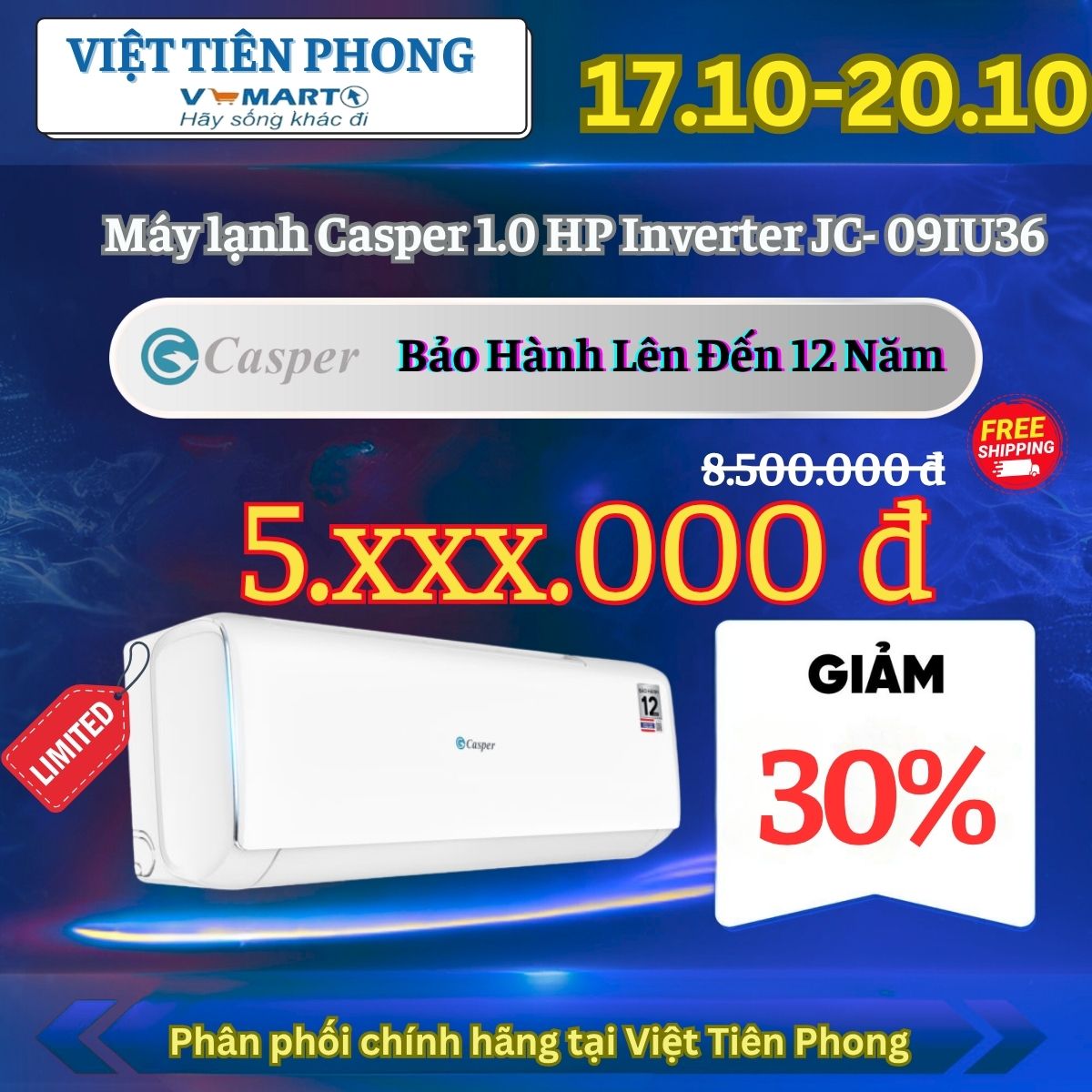 Khuyến mãi cực sốc: Máy lạnh Casper 1.0HP Inverter JC-09IU36 giảm 30% – Bảo hành đến 12 năm