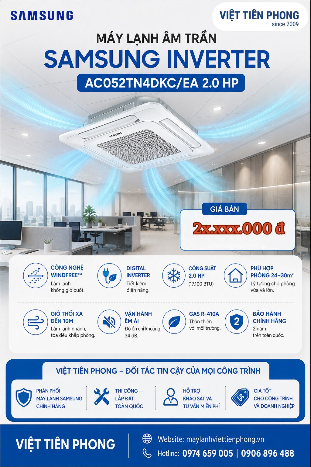 Máy lạnh âm trần Samsung Inverter AC052TN4DKC/EA 2.0 HP (17.100 BTU) – WindFree™ Tiết Kiệm Điện, Phân Phối Chính Hãng