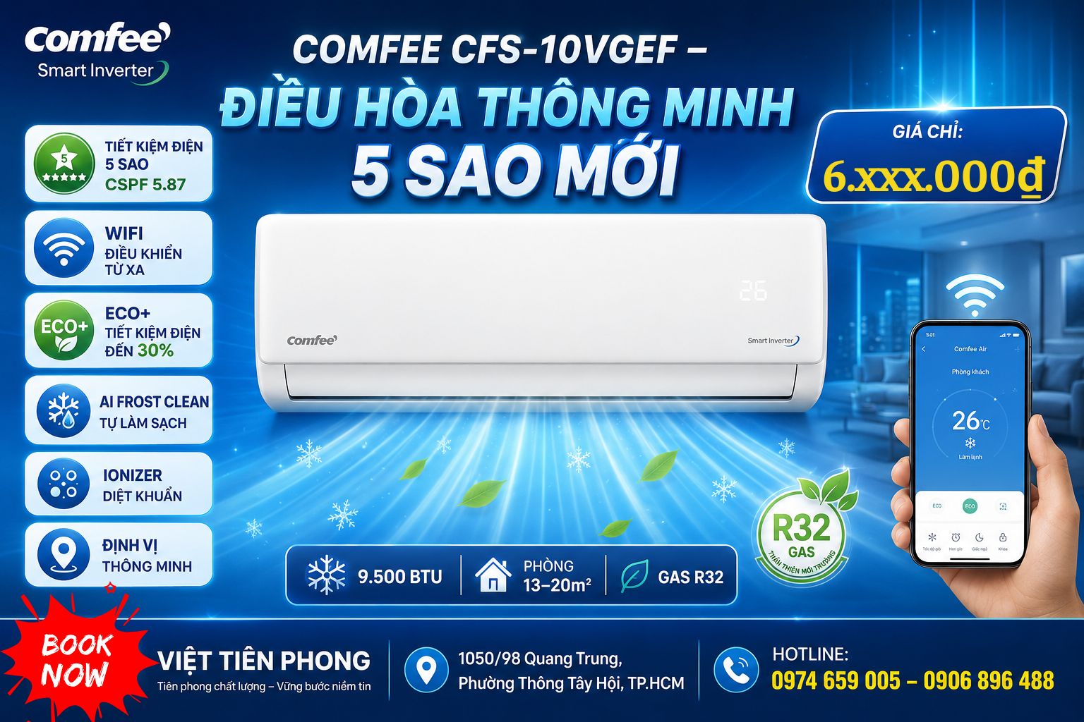 Máy Lạnh Comfee Smart Inverter 1HP CFS-10VGEF – Điều Hòa Thông Minh 5 Sao Mới, Tiết Kiệm Điện Vượt Trội