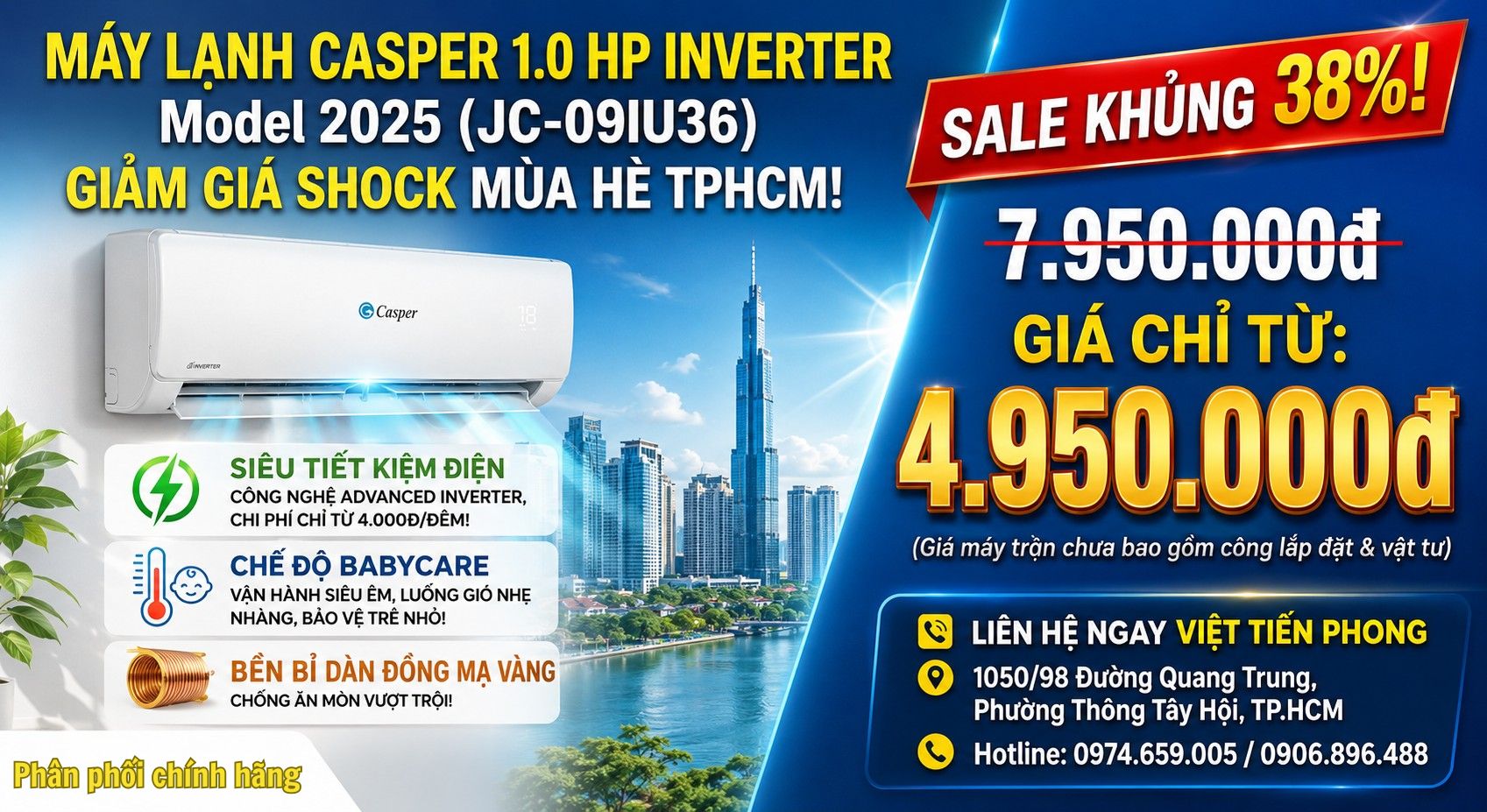Đánh Giá Máy Lạnh Casper 1.0 HP Inverter JC-09IU36 Model 2025: Tiết Kiệm Điện Từ 4.000Đ/Đêm