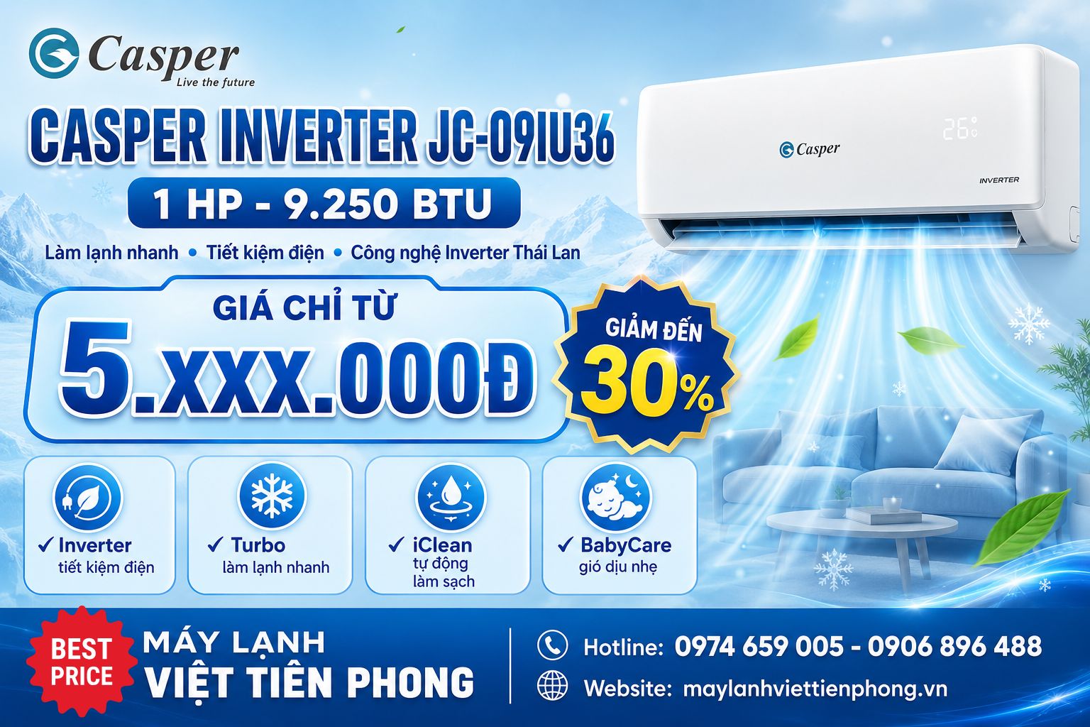 Máy lạnh Casper Inverter 1 HP JC-09IU36 Giá Tốt Tại Việt Tiên Phong – Tiết Kiệm Điện, Làm Lạnh Nhanh