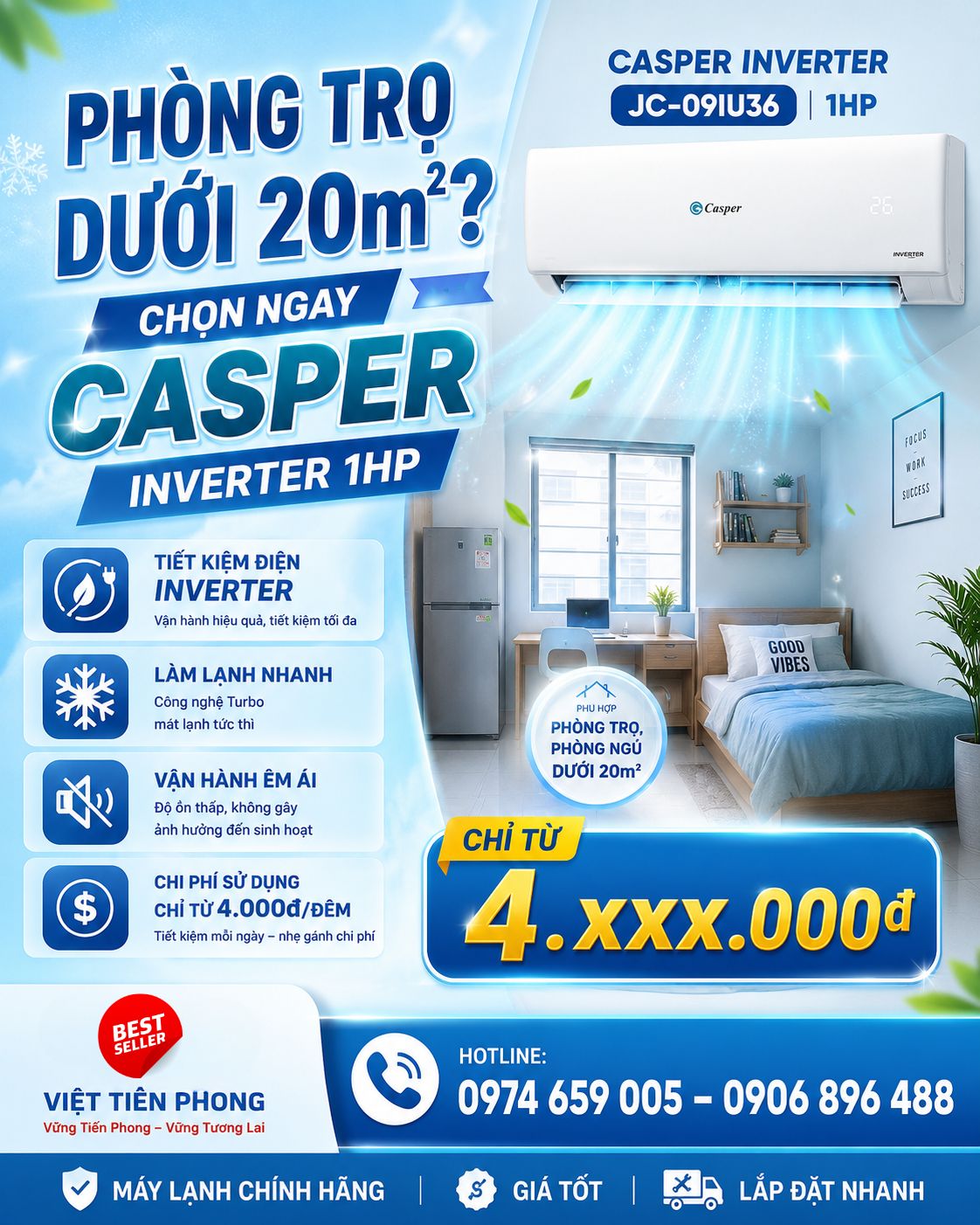 Phòng Trọ Dưới 20m² Nên Chọn Máy Lạnh Nào? Casper Inverter JC-09IU36 1HP