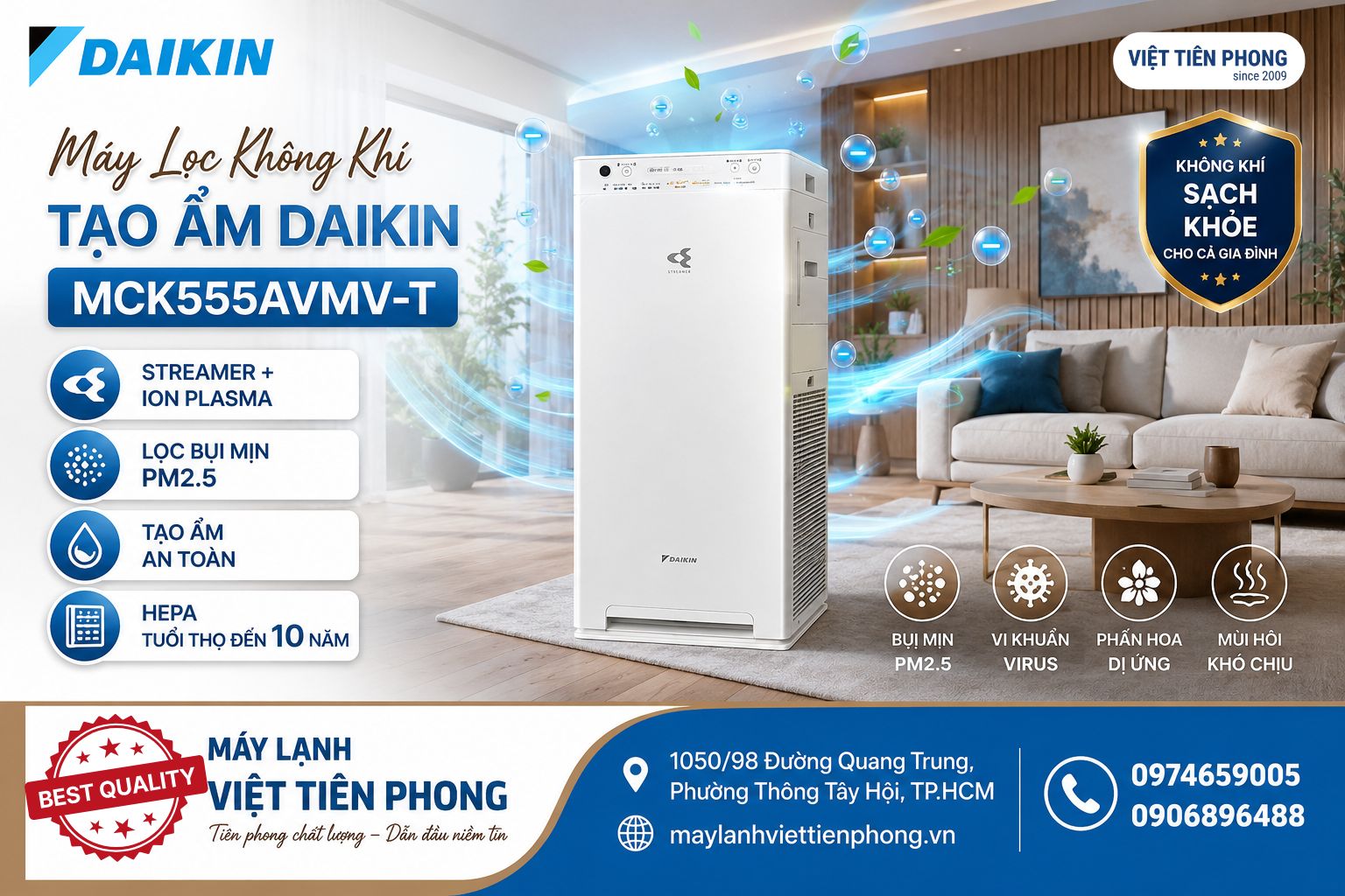 Máy Lọc Không Khí Tạo Ẩm Daikin MCK555AVMV-T – Bảo Vệ Kép, Không Gian Sạch Tinh Khiết