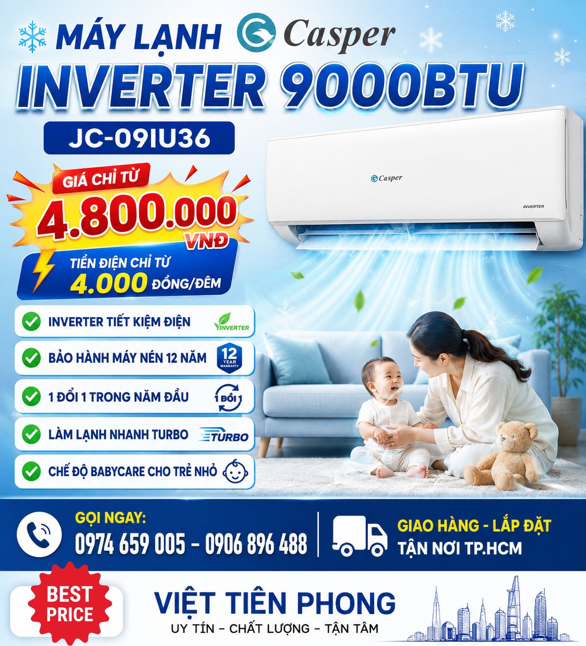 Máy Lạnh Casper Inverter 9000BTU JC-09IU36 – Tiền Điện Chỉ Từ 4.000 Đồng/Đêm