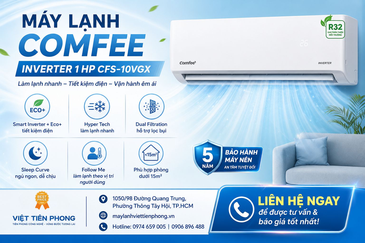 Máy lạnh Comfee Inverter 1 HP CFS-10VGX – Giải pháp làm mát tiết kiệm điện cho phòng dưới 15m²
