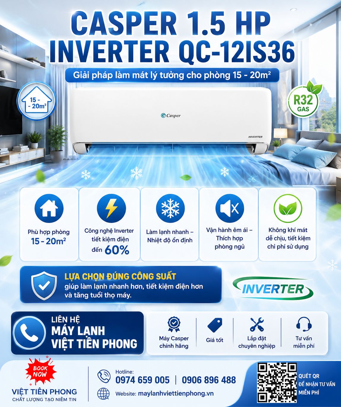 Máy lạnh Casper 1.5 HP Inverter QC-12IS36 phù hợp phòng bao nhiêu m²?
