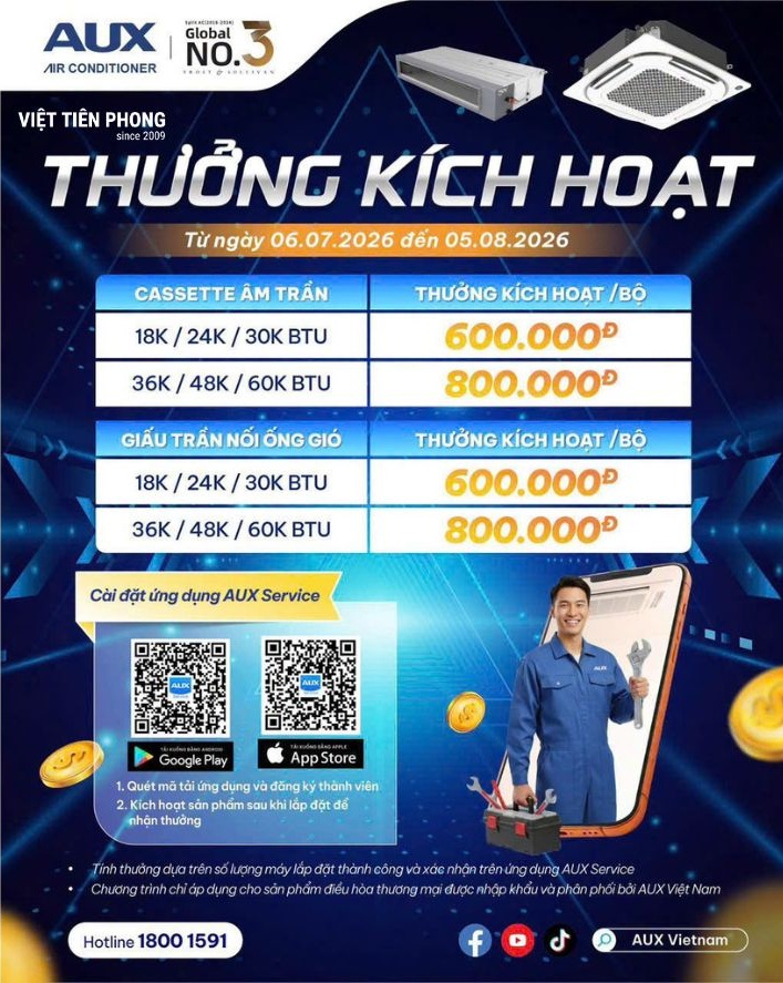 Chương trình thưởng kích hoạt điều hòa thương mại AUX lên đến 800.000 đồng/bộ (06/07/2026 – 05/08/2026)