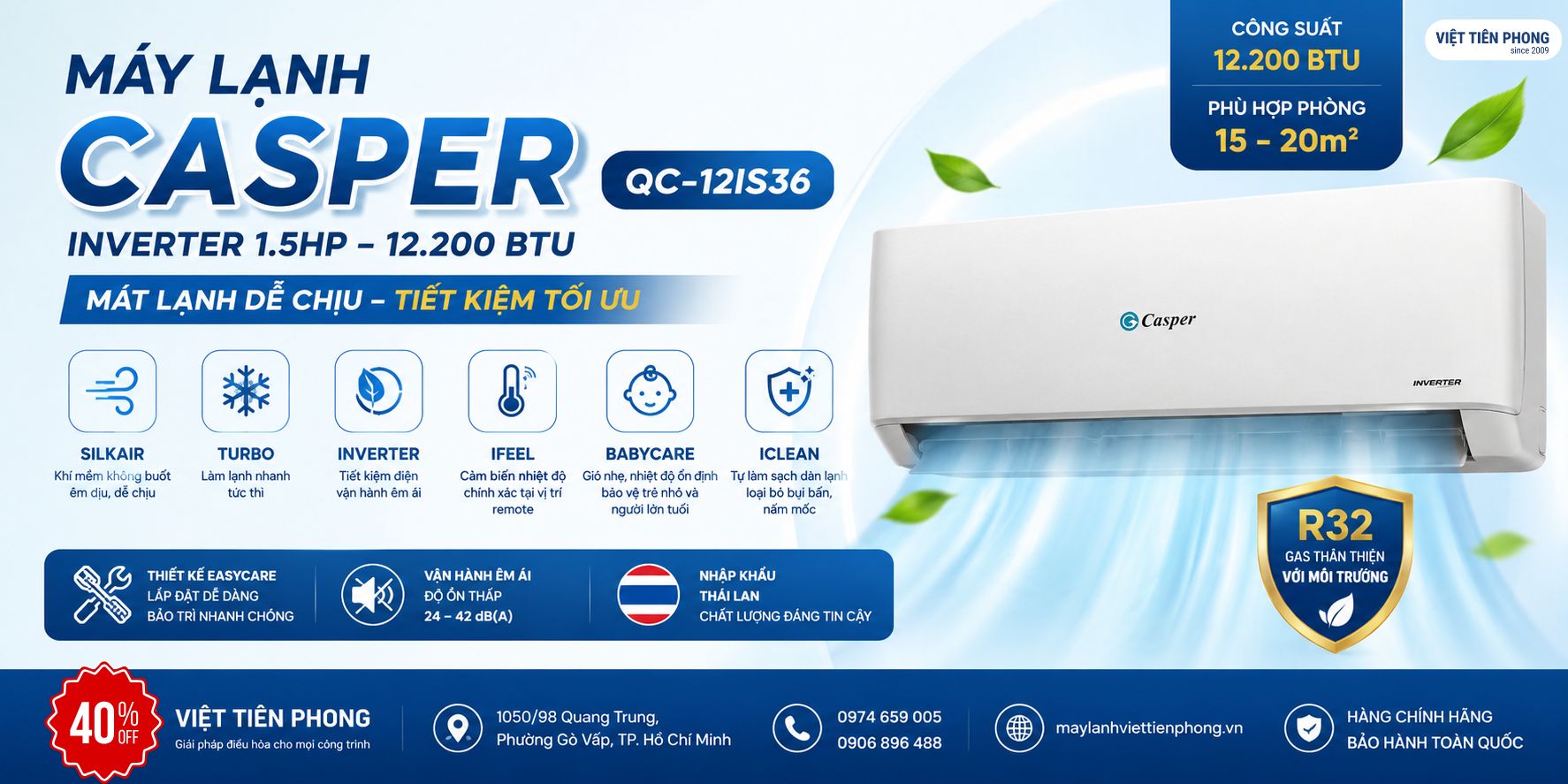 Máy lạnh Casper QC-12IS36 Inverter 1.5HP – Khí mềm SilkAir, làm lạnh nhanh, tiết kiệm điện