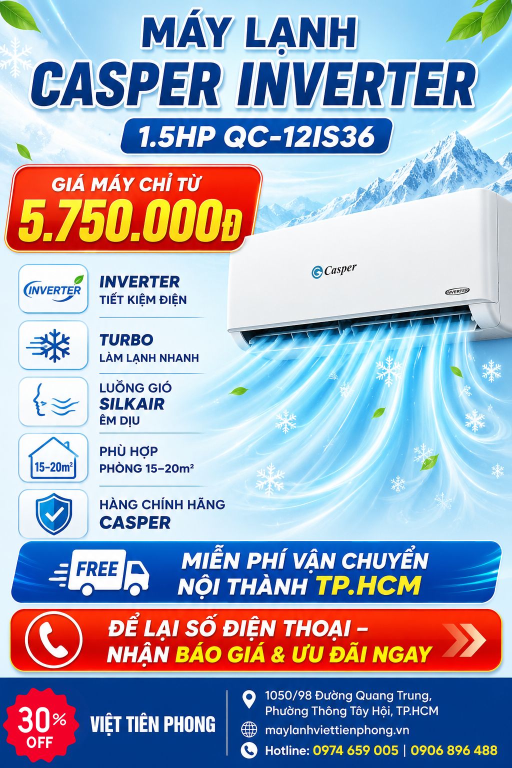 Máy lạnh Casper Inverter 1.5HP QC-12IS36 giá chỉ từ 5.750.000đ | Chính hãng tại Việt Tiên Phong