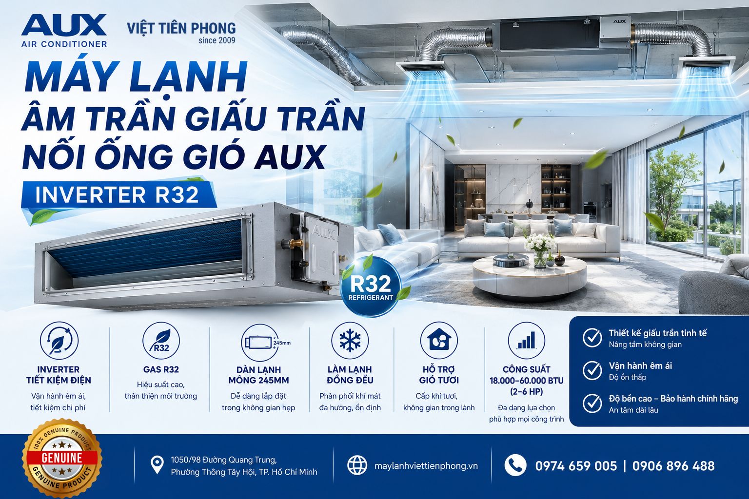 Máy lạnh âm trần giấu trần nối ống gió AUX Inverter R32 (18.000 – 60.000 BTU) – Giải pháp điều hòa cao cấp cho không gian hiện đại