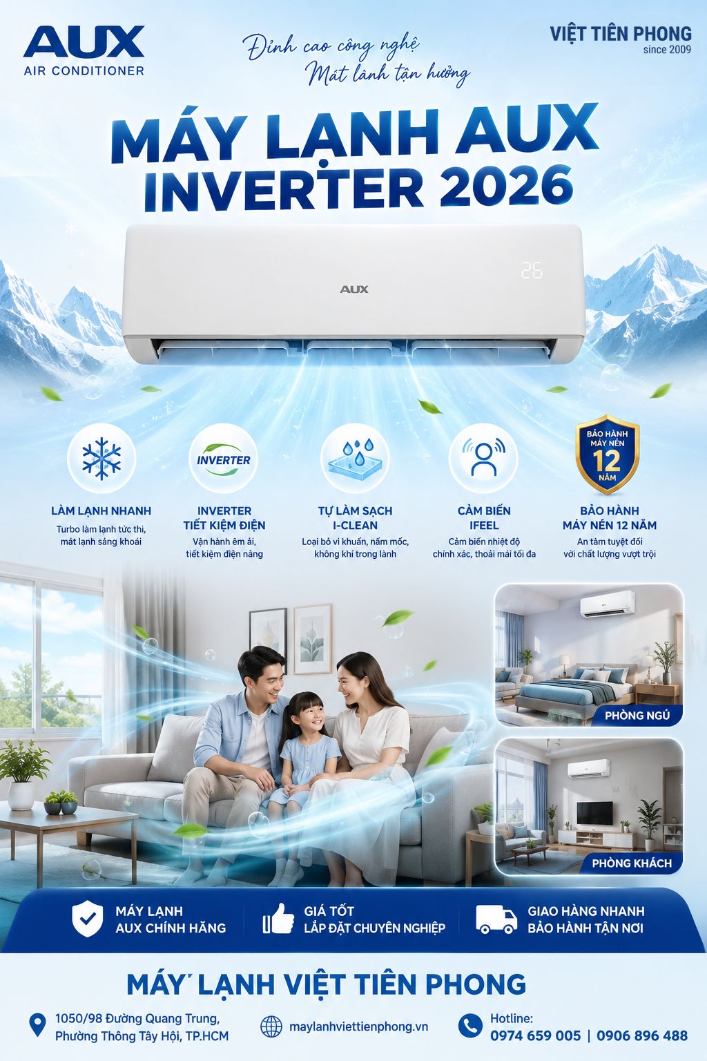 Máy lạnh AUX Inverter 2026 – Thương hiệu điều hòa giá tốt, tiết kiệm điện tại Máy Lạnh Việt Tiên Phong