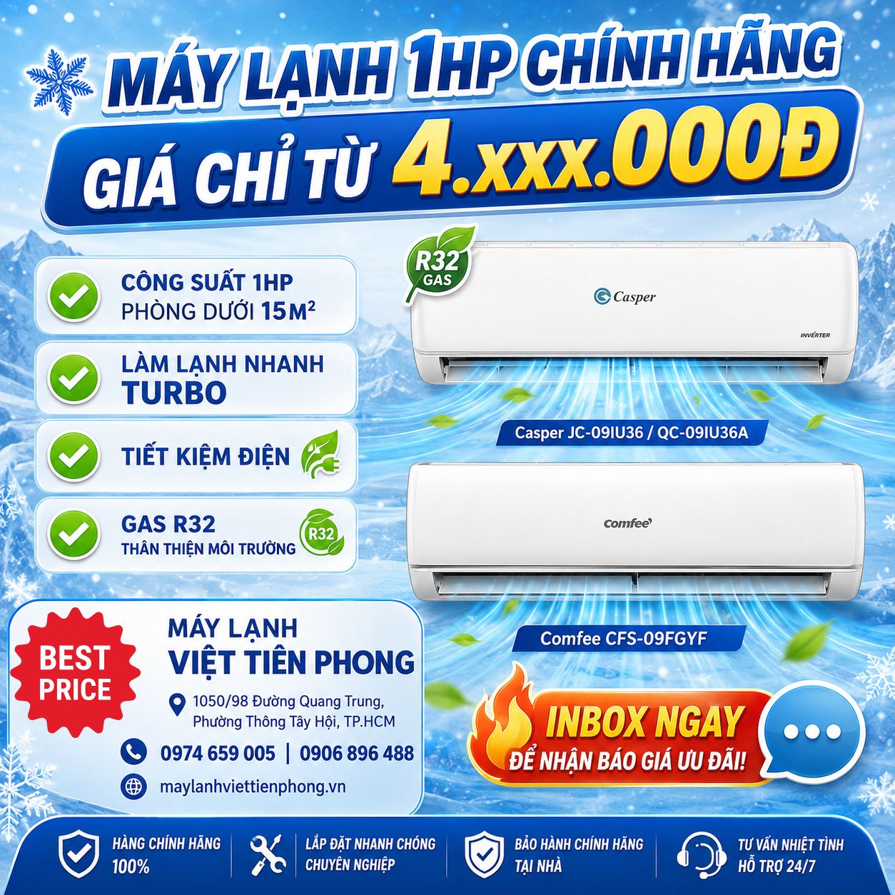 So Sánh Máy Lạnh Casper 09IU36 Và Comfee CFS-09FGYF: Đâu Là Lựa Chọn Tốt Nhất Cho Phòng Dưới 15m²?
