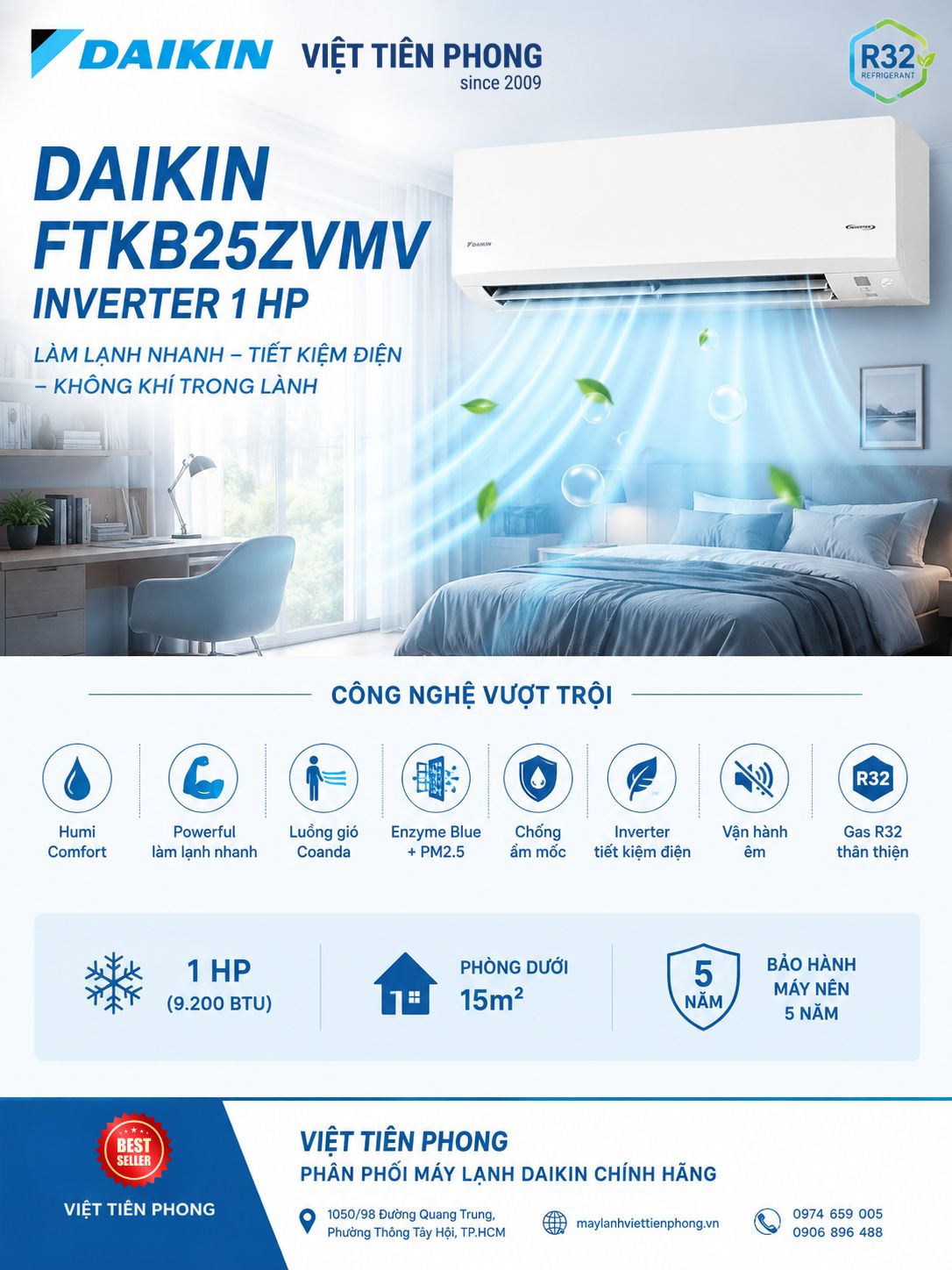 Máy lạnh Daikin FTKB25ZVMV Inverter 1 HP – Giải pháp làm mát tiết kiệm điện cho phòng dưới 15m²