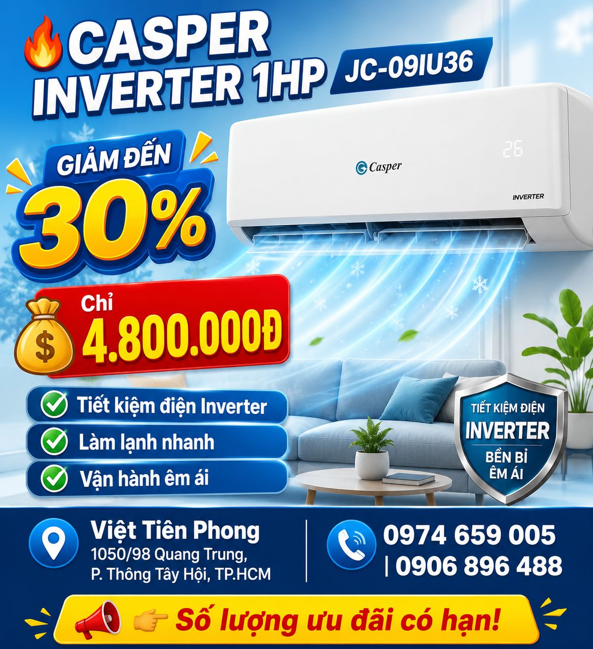 Máy Lạnh Casper Inverter JC-09IU36 1HP – Tiết Kiệm Điện, Làm Lạnh Nhanh, Giá Tốt Tại Việt Tiên Phong
