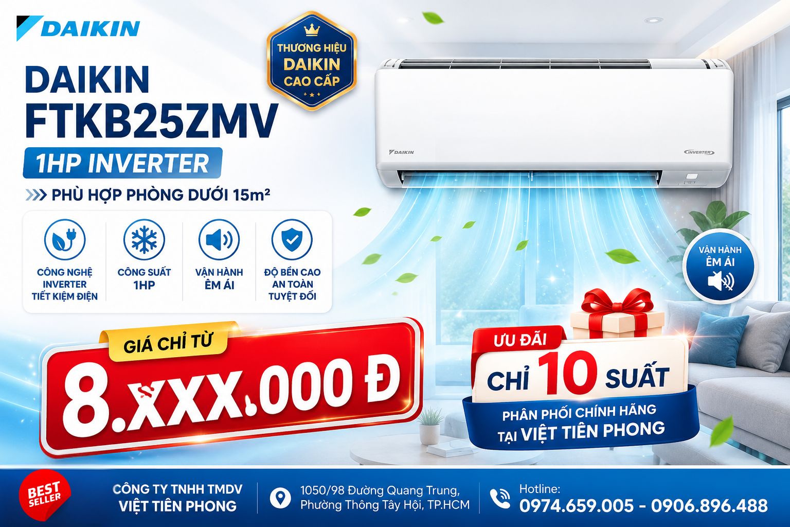 Daikin FTKB25ZMV 1HP Inverter – Máy lạnh chính hãng cho phòng dưới 15m², giá từ 8.xxx.000đ