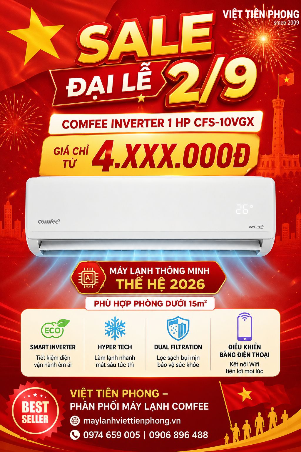 Máy lạnh Comfee Inverter 1 HP CFS-10VGX – SALE ĐẠI LỄ 2/9, GIÁ CHỈ TỪ 4.XXX.000Đ