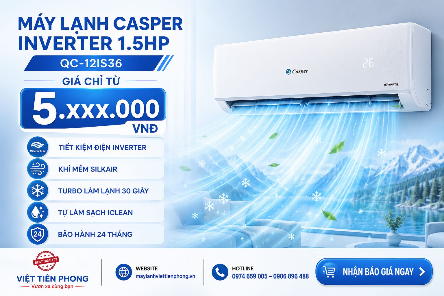 Máy lạnh Casper Inverter 1.5HP QC-12IS36 – Khí mềm SilkAir, Tiết kiệm điện, Giá chỉ từ 5.xxx.000 VNĐ