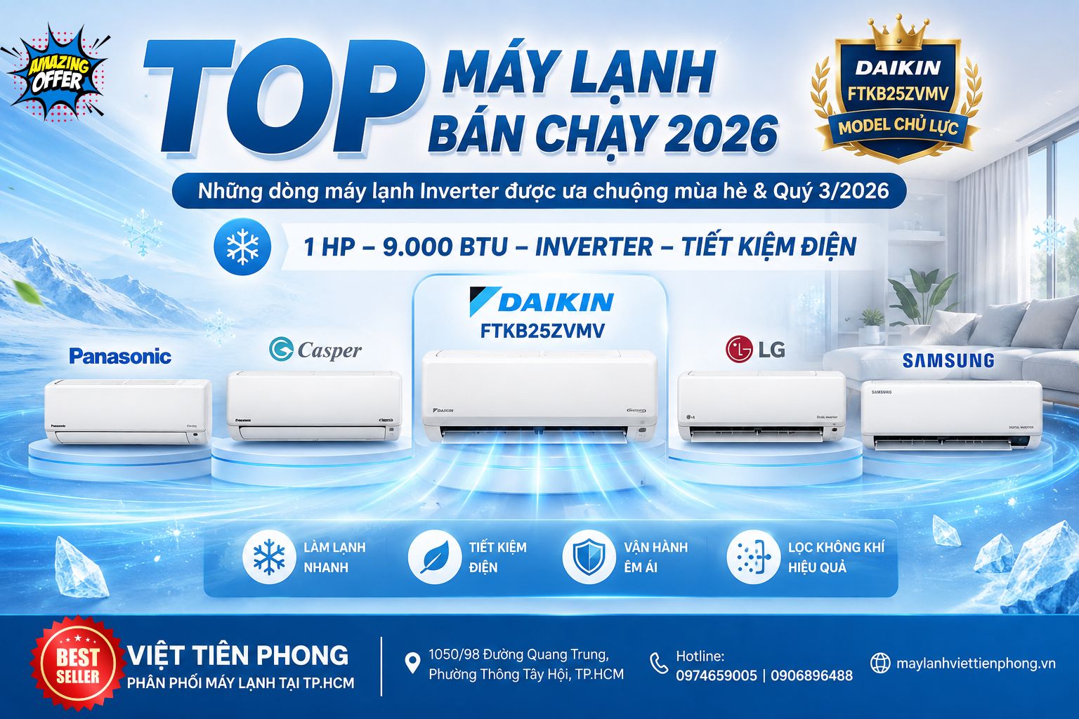 Top Máy Lạnh Bán Chạy Mùa Hè & Quý 3/2026 – Những Dòng Máy Được Ưa Chuộng