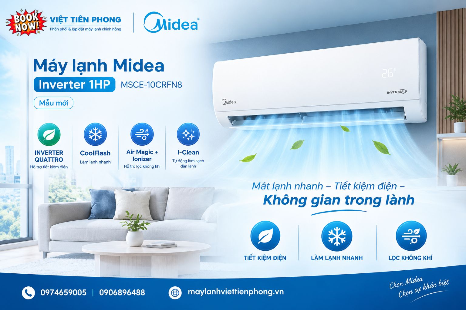 Máy Lạnh Midea Inverter 1HP MSCE-10CRFN8 Mẫu Mới: Làm Lạnh Nhanh, Tiết Kiệm Điện