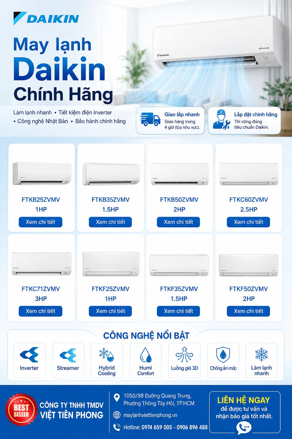 Điều Hòa Daikin Chính Hãng 2026 – Bảng Giá Mới Nhất, Công Nghệ Inverter Tiết Kiệm Điện