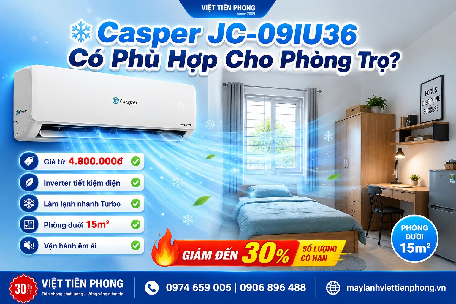 Có nên mua điều hòa Casper JC-09IU36 cho phòng trọ? Đánh giá chi tiết trước khi quyết định