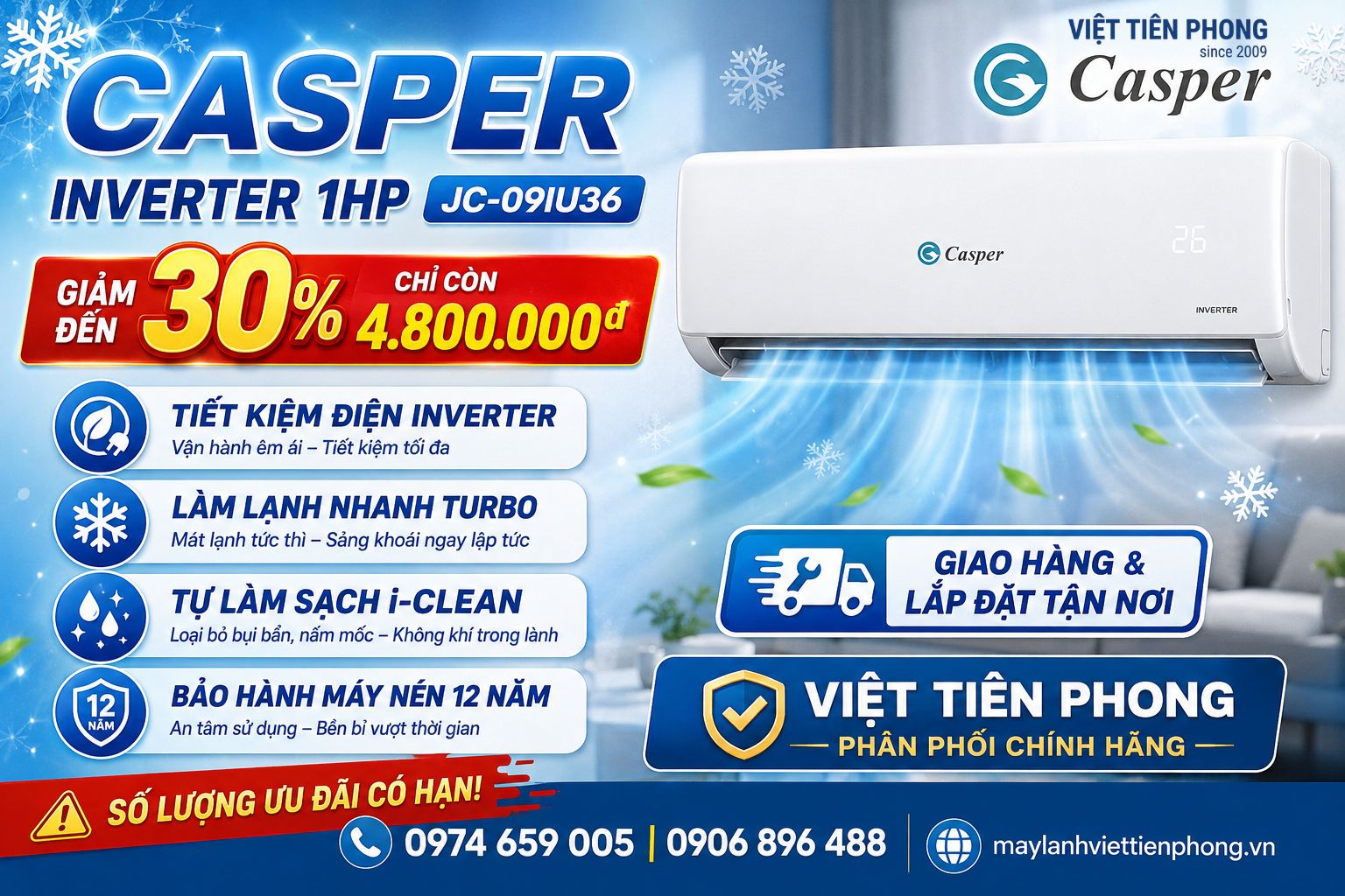 Máy Lạnh Casper 1 Chiều Inverter 9250BTU 1HP JC-09IU36 Giá Chỉ 4.800.000Đ Tại Việt Tiên Phong