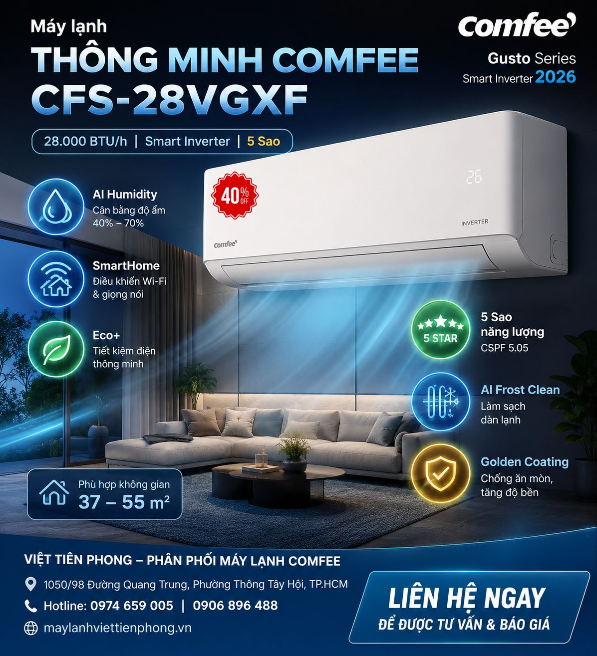 Máy lạnh thông minh Comfee 5 sao CFS-28VGXF – Gusto Series Smart Inverter