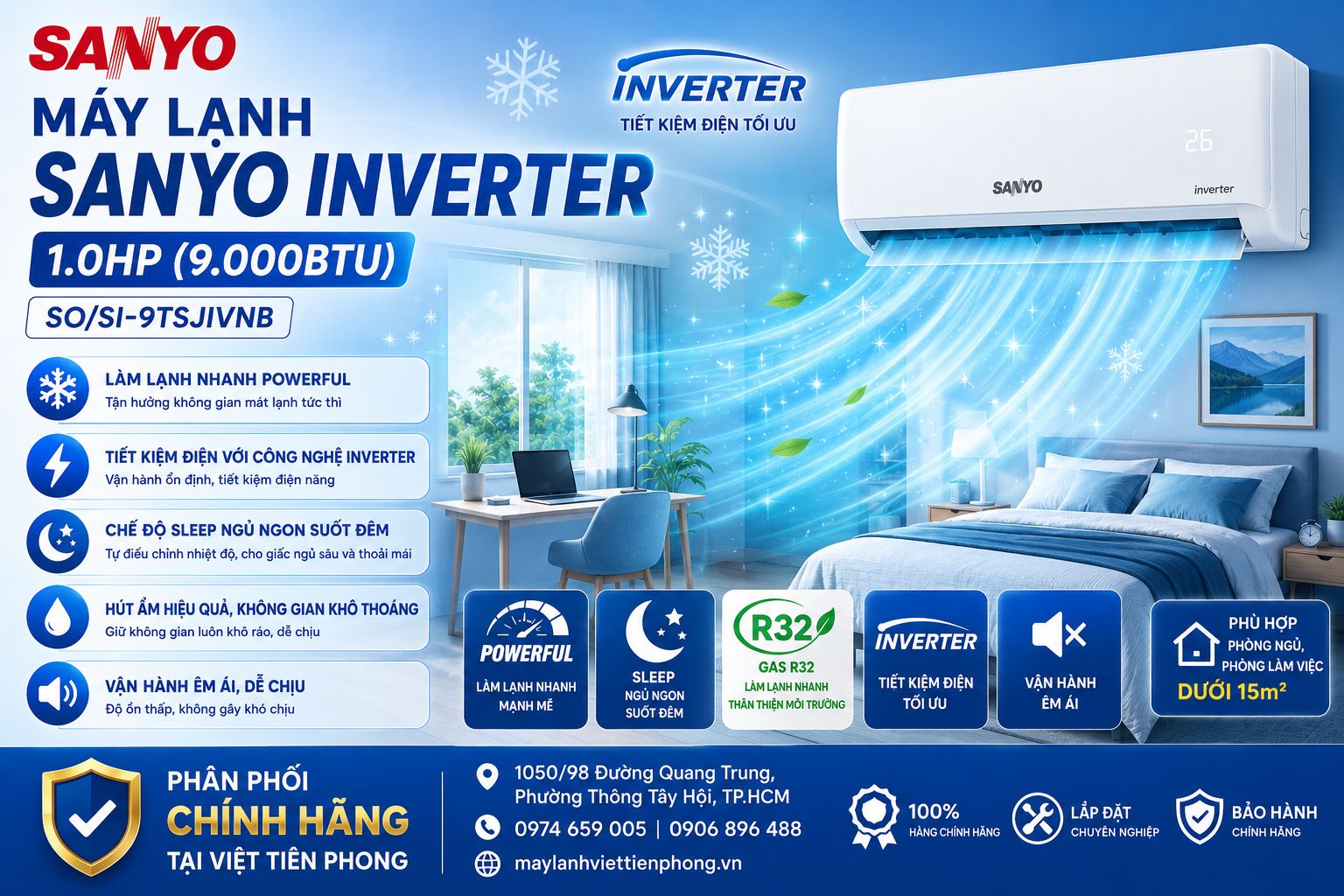 Máy Lạnh Sanyo Inverter 1.0HP (9.000BTU) SO/SI-9TSJIVNB – Tiết Kiệm Điện, Làm Lạnh Nhanh Cho Phòng Dưới 15m²