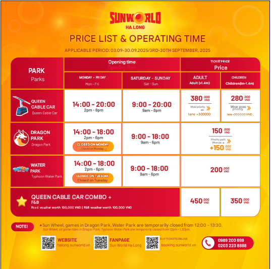NOTICE OF OPERATING SCHEDULE CHANGE AT SUN WORLD HA LONG – SEPTEMBER 2025