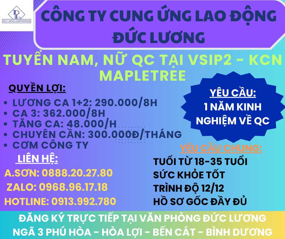 TUYỂN NAM-NỮA QC LÀM VIỆC TẠI VSIP2 KCN MAPLETREE
