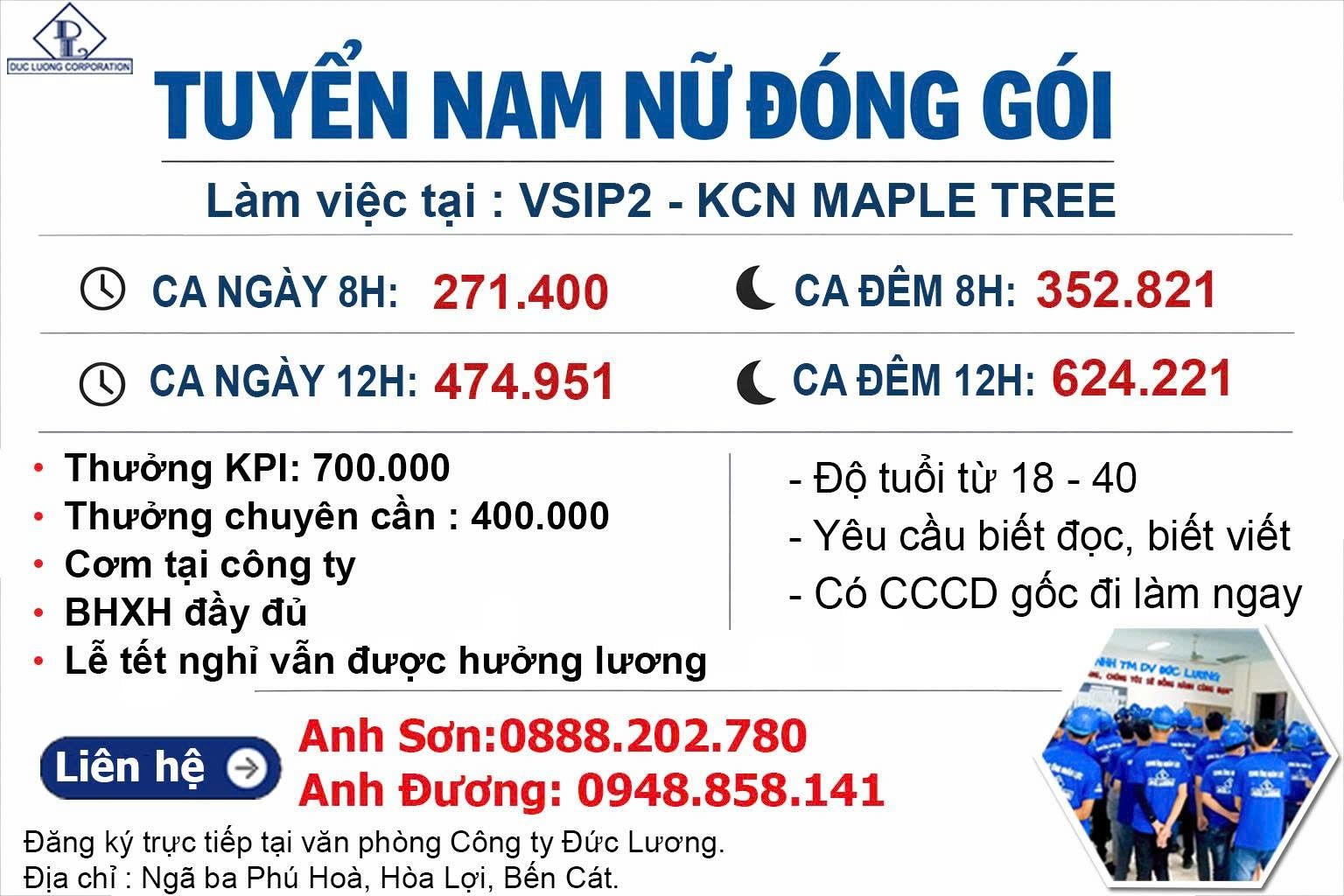 TUYỂN NHÂN VIÊN ĐÓNG GÓI LÀM VIỆC TẠI KCN MAPLE TREE VSIP2