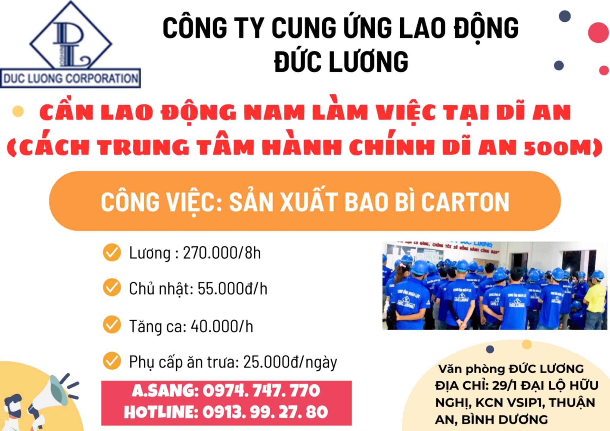 TUYỂN LĐ NAM LÀM VIỆC ĐÓNG GÓI BAO BÌ CARTON TẠI DĨ AN - BD
