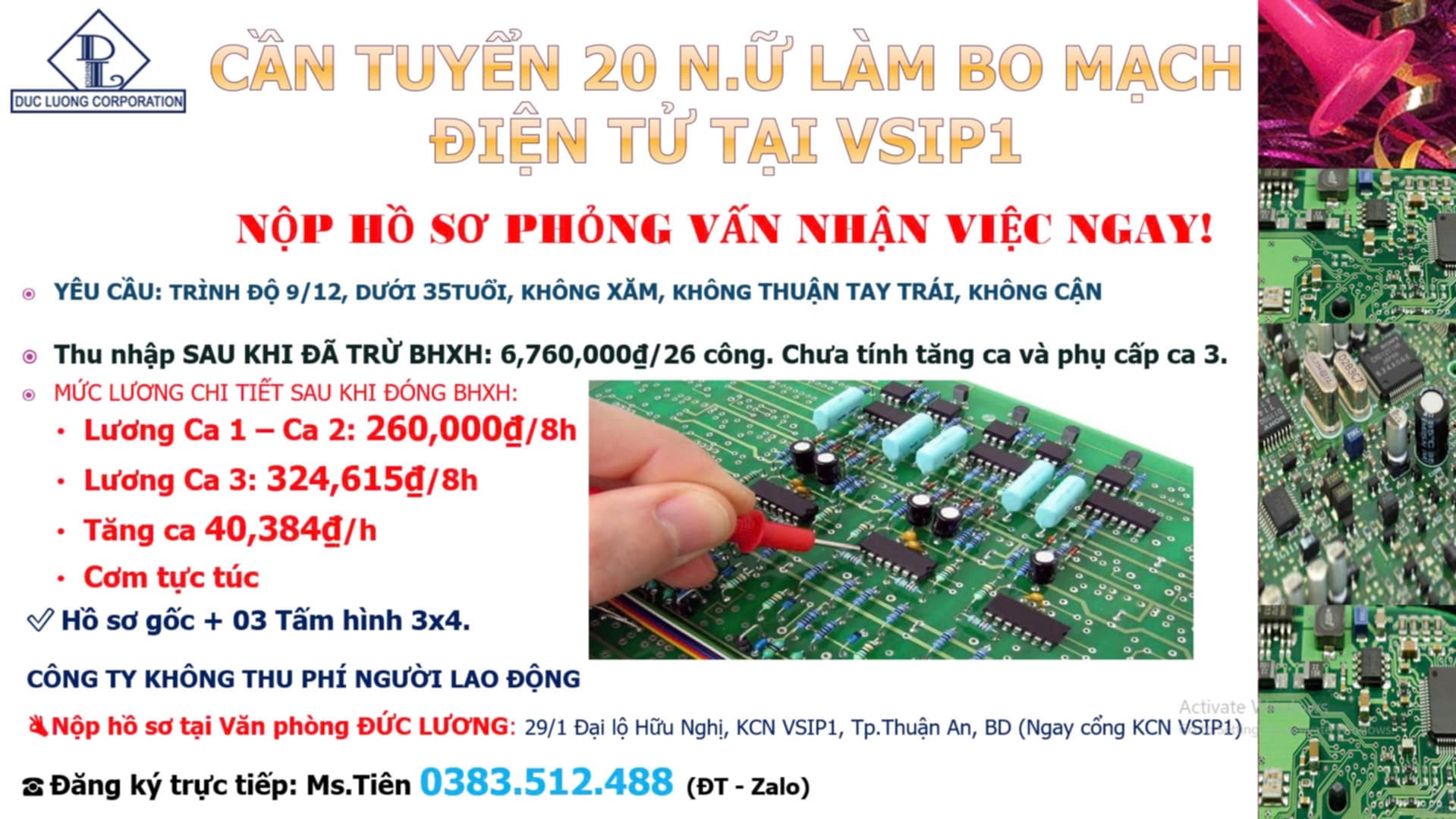 TUYỂN 20 NỮ LĐ LÀM BO MẠCH ĐIỆN TỬ VSIP1