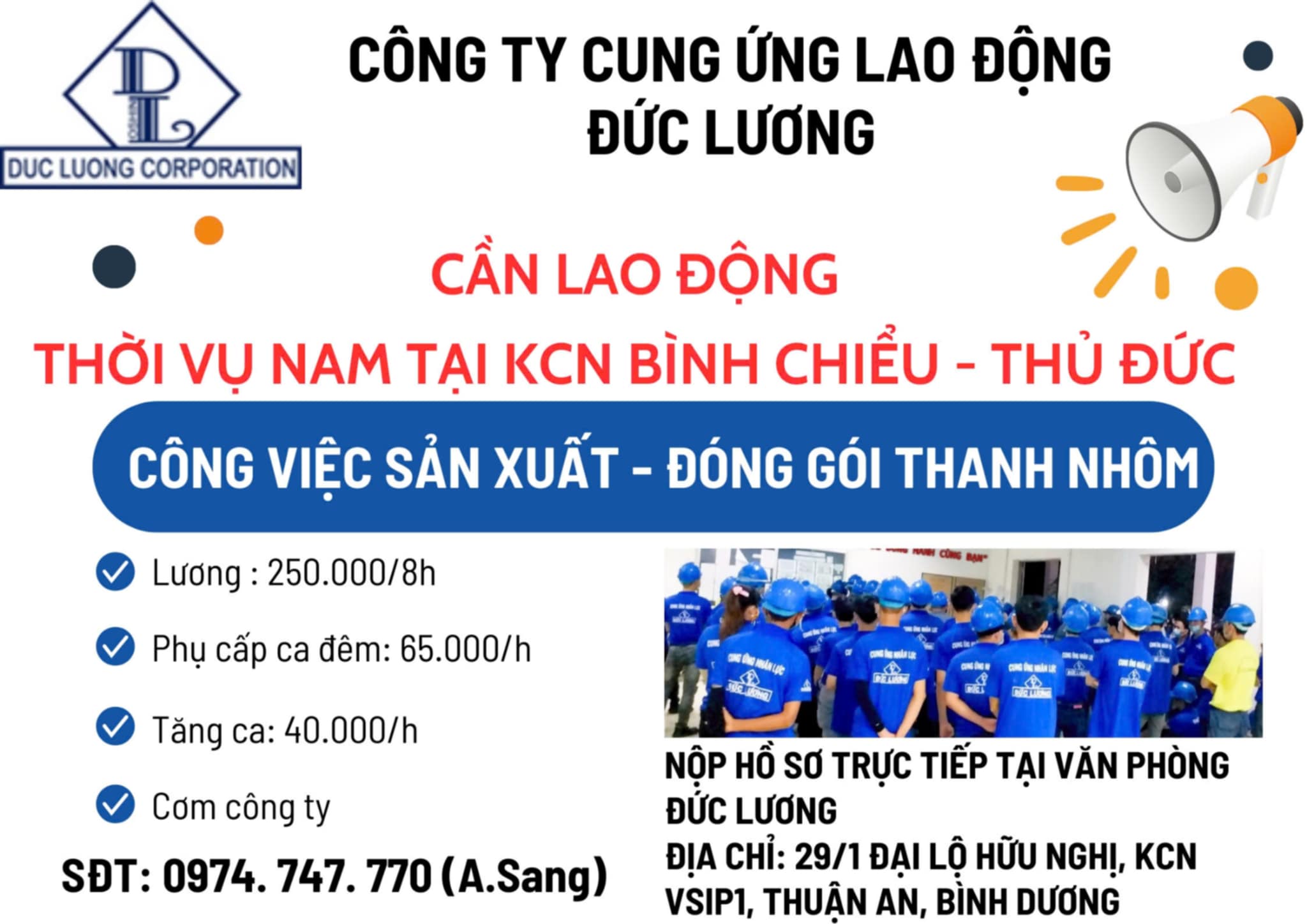 TUYỂN LĐ NAM ĐÓNG GÓI THANH NHÔM TẠI KCN BÌNH CHIỂU TP.THỦ ĐỨC