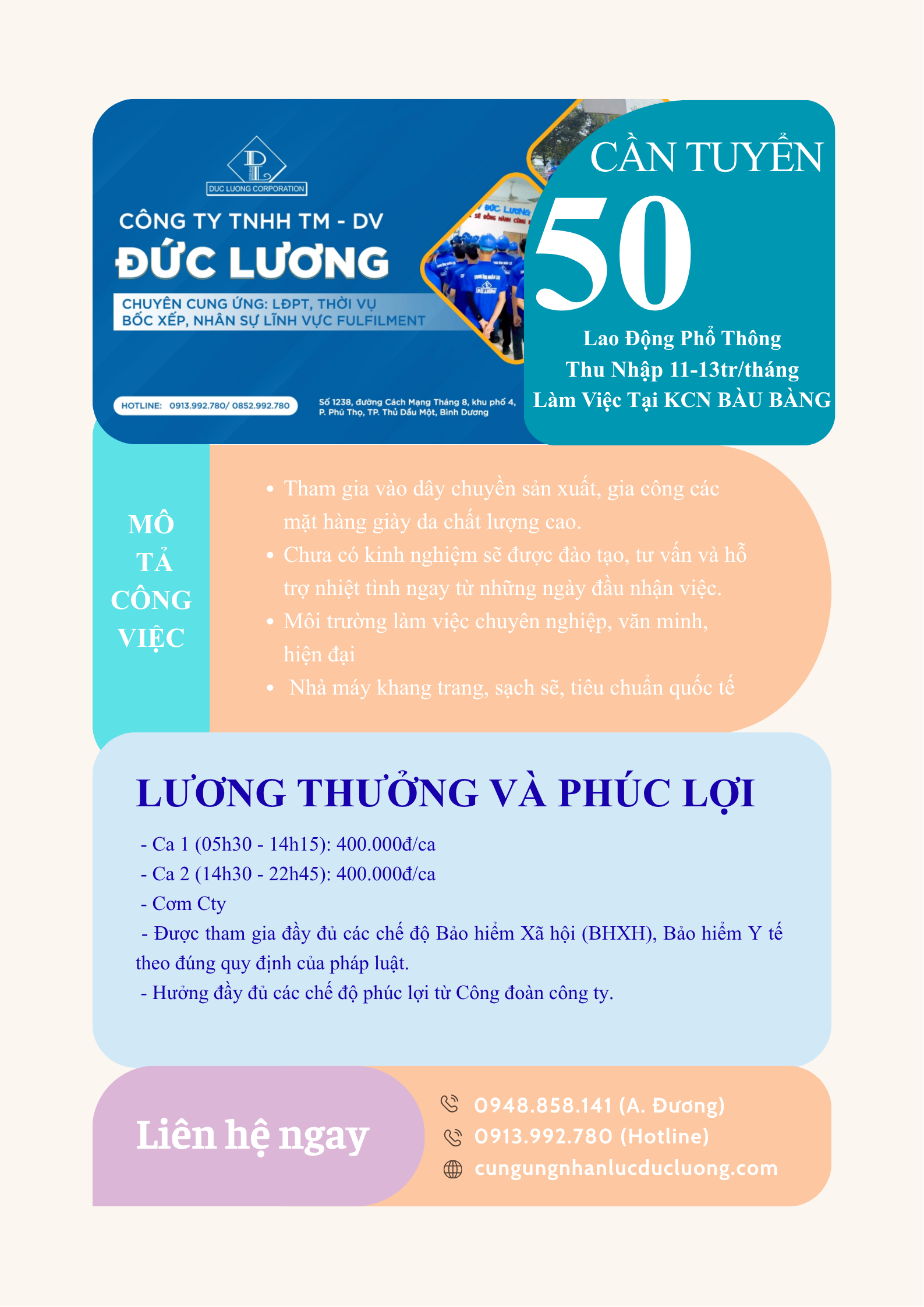 CƠ HỘI LÀM VIỆC TẠI NHÀ MÁY GIÀY DA – KCN BÀU BÀNG VỚI MÚC THU NHẬP HẤP DẪN
