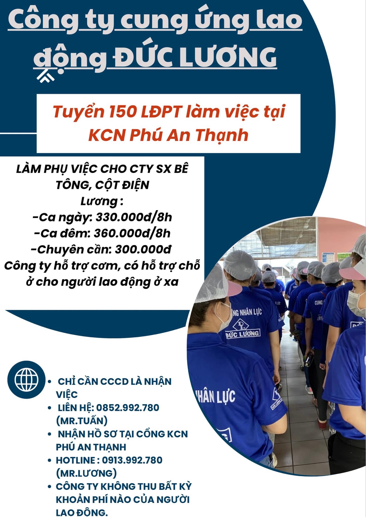 TUYỂN 150 LĐPT LÀM VIỆC TẠI KCN PHÚ AN THẠNH, BẾN LỨC, LONG AN