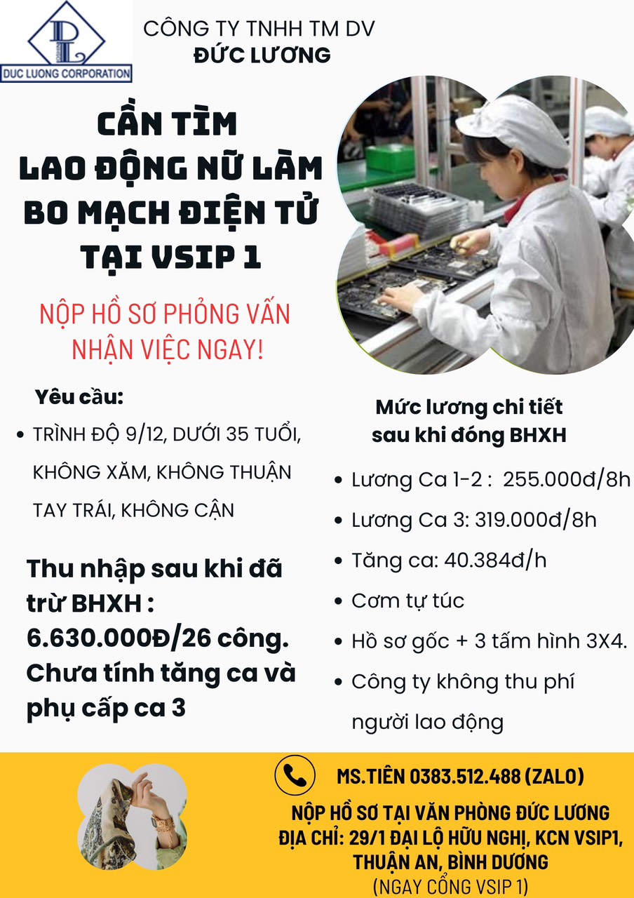 Tuyển Nữ LĐPT làm điện tử vsip1