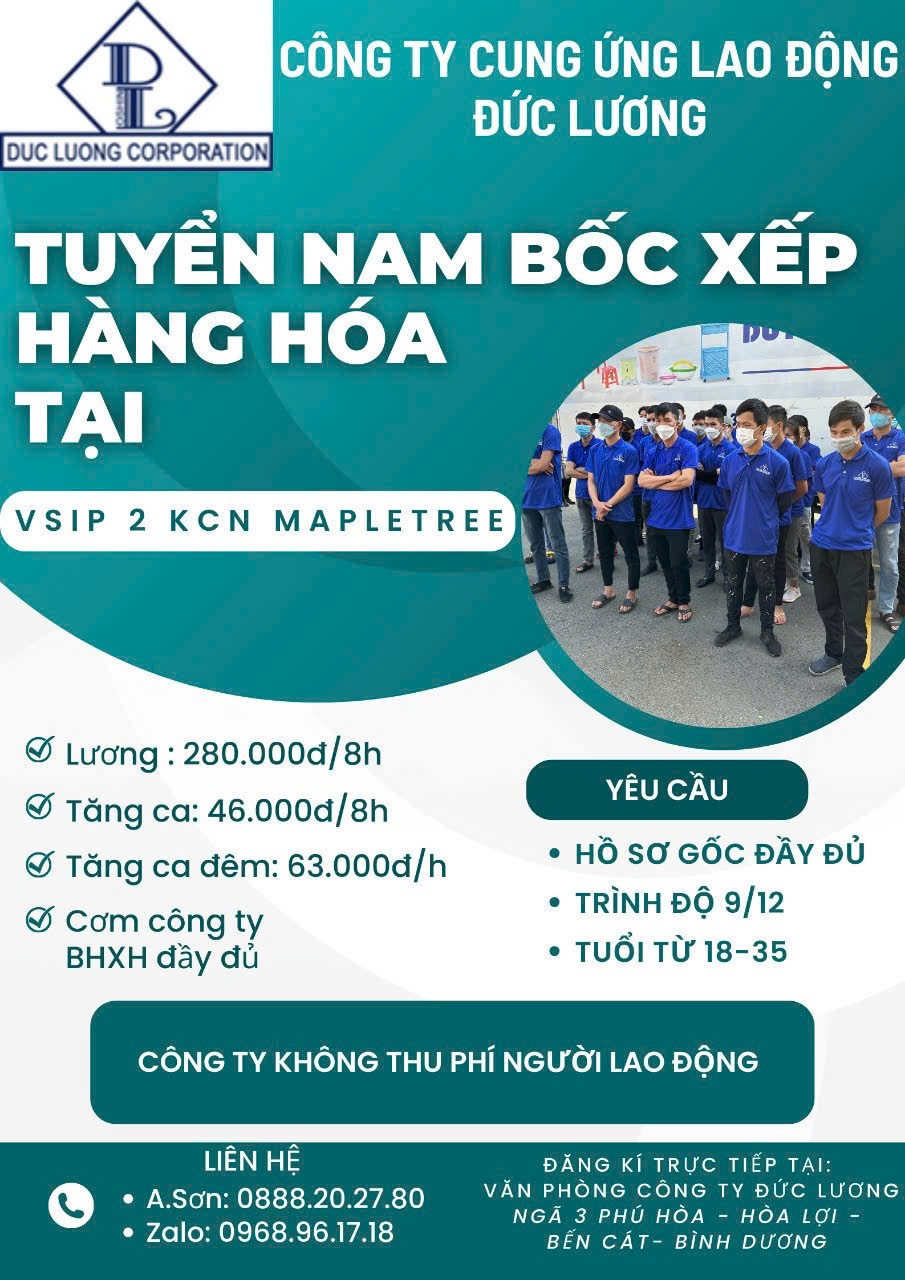 Tuyển Bốc Xếp Nam Tại VSIP2 KCN Mappletree