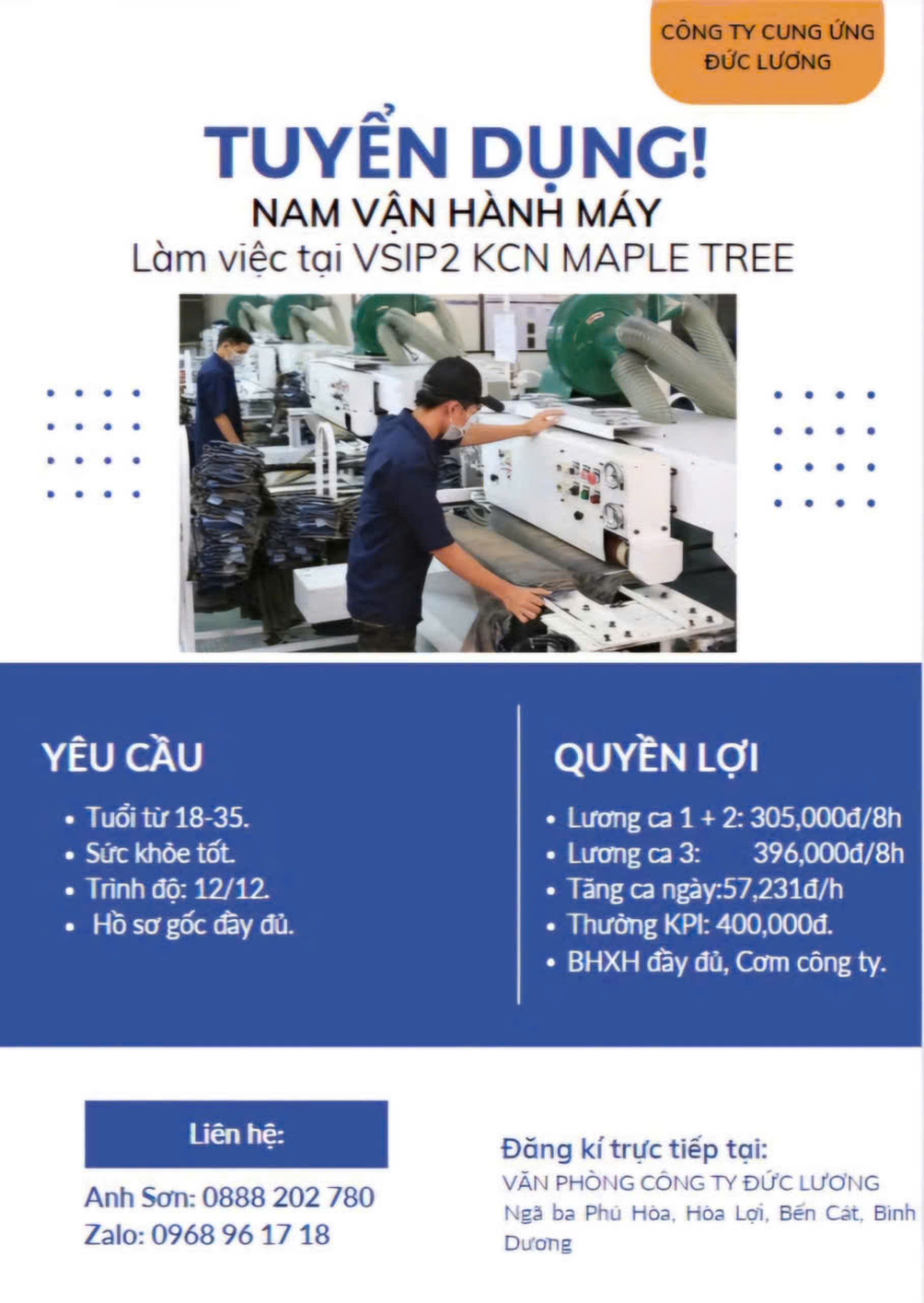 TUYỂN NAM VẬN HÀNH MÁY TẠI VSIP2
