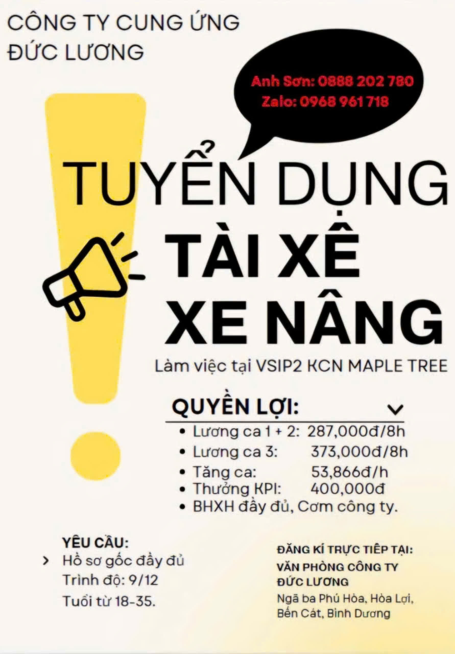 TUYỂN TÀI XẾ XE NÂNG LÀM VIỆC TẠI VSIP2