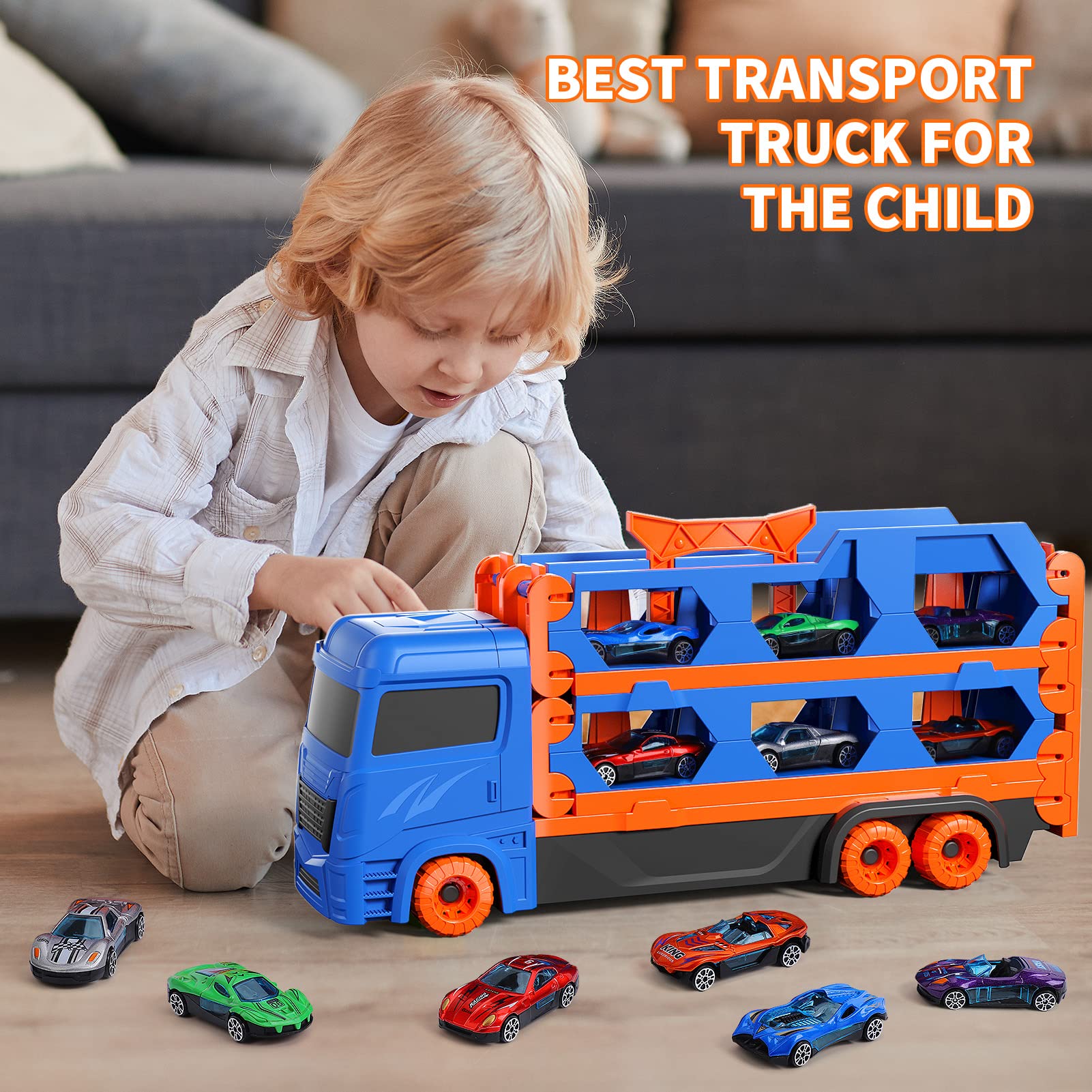 Đồ chơi ô tô tải 3 tầng kèm 6 ô tô nhỏ Sankid đường đua xe dài 1.65m có thể gấp gọn_MH-156