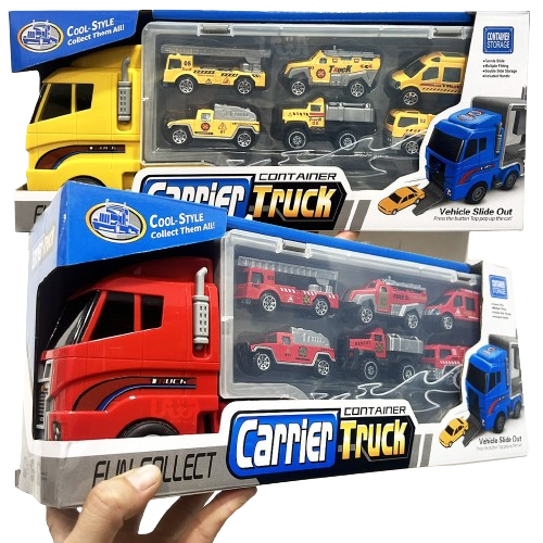 Mô hình xe container chở 6 xe hợp kim cứu hỏa cho bé_818