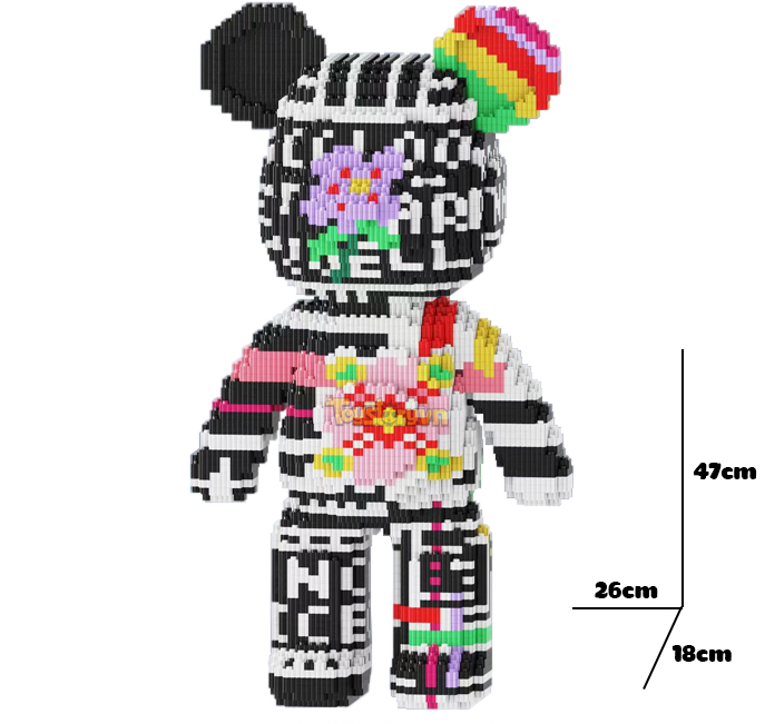 Đồ chơi xếp hình Bearbrick đen trắng họa tiết bông hoa_5547