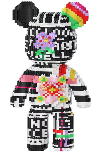Đồ chơi xếp hình Bearbrick đen trắng họa tiết bông hoa_5547